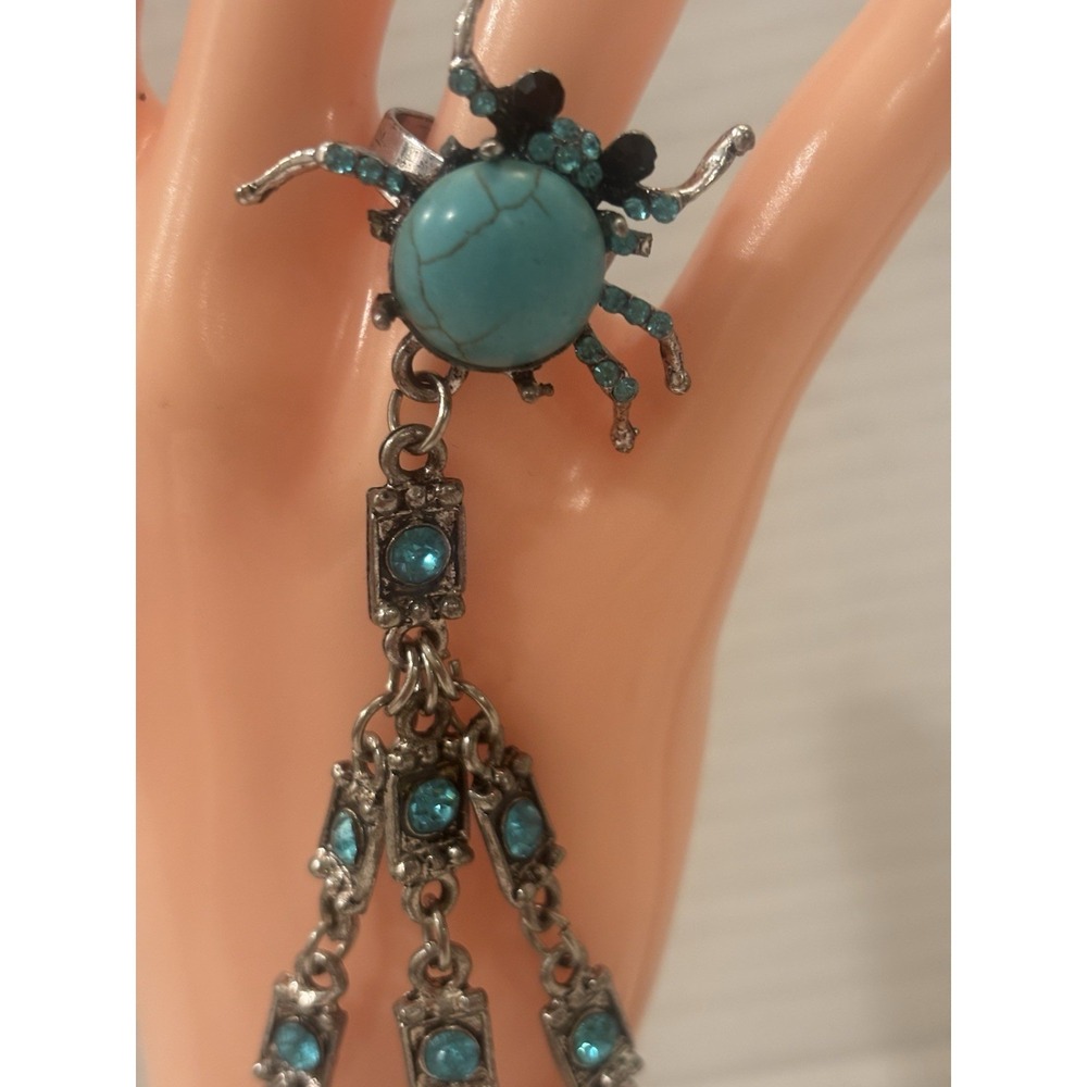 Vintage Bluestone Faux Turquoise Silver Tone Spider Slave Bracelet Sizable Ring - Picture 3 of 4